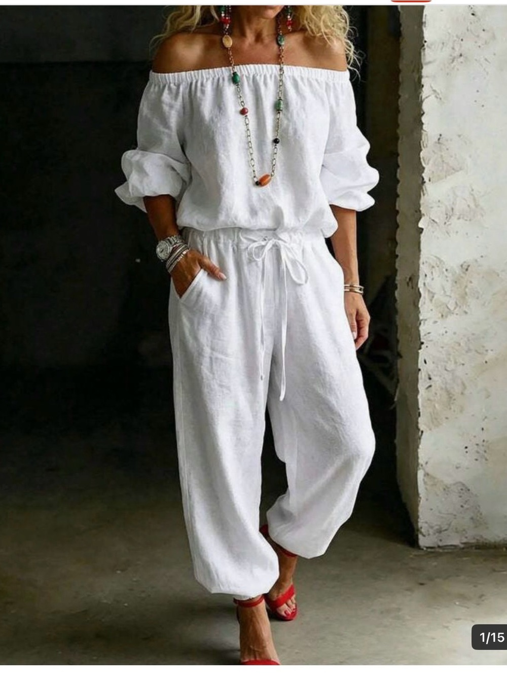 Off-Shoulder White Linen Jumpsuit with Drawstring Waist